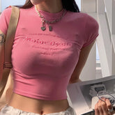 Casual Alphabet Embroidery Solid Color Round Neck Spice Slim Trend WomenT-shirt