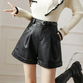 New Autumn Winter High Waist Black Leather Female Boots Shorts
