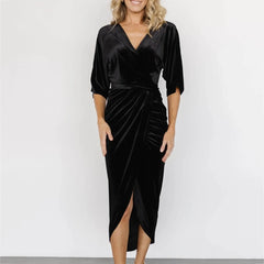 Casual Solid Velvet Pleated Fashion Elegant Irregular Evening Draped Commuter Dress