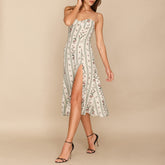 Neck Sleeveless Print Chiffon Midi Dress Strap Side High Slit Sexy Dress