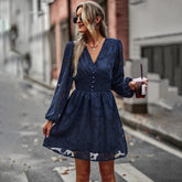 Chic Hook Flower Hollow Button Full Sleeve Mini Dress