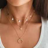 Clavicle Punk Golden Multilayer Moon Star Boho Crystal WomenNecklake