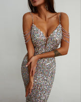 Sequin Crystal Spaghetti Strap Colorful Prom Dresses