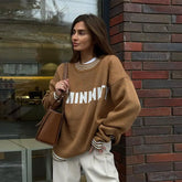 Contrast Letter Print Loose Knitted Casual O Neck Long Sleeve Sweater