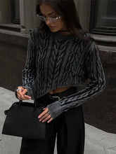 Dark Grey Irregular Hem Knitted Short O-neck Long Sleeve Crop Fashion Sweater