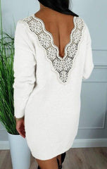 Deep V Back Long Sleeve Dress Bodycon Dress Sexy Dress Party Night Club Wear Lace Patchwork