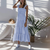 Dot Square Neck Pleated Long Holiday Beach Casual Boho Dress