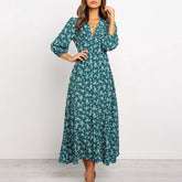 Offer Liquidation V-Neck Long Sleeved High Waisted Chiffon Print Holiday Boho Dress