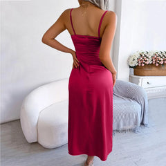 WomenSexy Split Sun Sleeveless Low Neck Satin Sexy Open Back Strap Vestidos Midi Dress