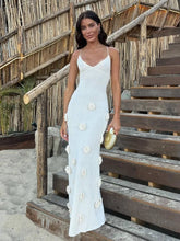 Knitted Beach 3D Floral Slim Strap Backless Fashion Party White Long Summer Evening Maxi Dress