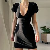 Europe The United States Fashion Solid Color Tight Collection Hip Short Sleeved Slim Evening Party Mini Dress