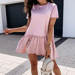 Fashion Casual Solid Color Round Neck Fuffled Short Sleeve Dress Casual Short Sleeve Dress Summer Dress Women