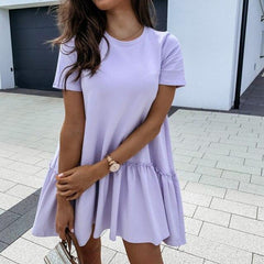 Fashion Casual Solid Color Round Neck Fuffled Short Sleeve Dress Casual Short Sleeve Dress Summer Dress Women