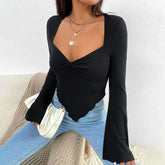 Fashion Summer Flare Long Sleeve V-neck Irregular Hem Crop Streetwear Top WomenWhite Slim Corset T-shirt