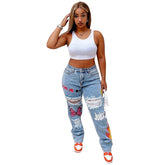 Fashion Heart Print Denim Cut Out Distressed Jeans for Baddie Clothes High Waist Baggy Pants