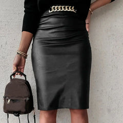 Package Hip Pu Leather Knee-Length Skirt Bottom for Women