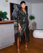 Solid Notched Tassel Sequin Decoration Knee Length Dress