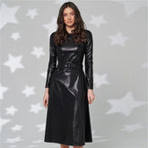 Fit And Flare Winter Dress a Line Pockets Pu Leather Midi Dress