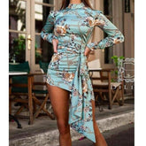 Floral print ruched designed mini dress Turtleneck long sleeve dress Autumn Bodycon sexy party dresses vestidos mujer