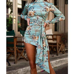 Floral print ruched designed mini dress Turtleneck long sleeve dress Autumn  Bodycon sexy party dresses vestidos mujer