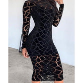 Geometric Print Transparen Bodycon Dress See Through Slim Fit Long Sleeve Pencil Dress Club Party Dresses Tight Robe