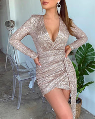 Glitter V Neck Long Sleeve Ruched Sequins Dress