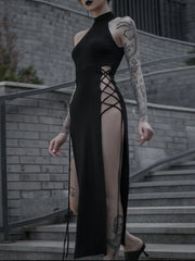 Gothic Dark High Split Bandage Halter Slim Grunge Y2K Partywear Dress