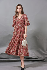 V Neck Short Sleeves Ruffles Printed Elegant Summer Dress