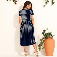 T Shirt Dress O Neck Striped Short Sleeve Dress