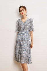 V Neck Short Sleeves Ruffles Floral Printed Holiday Dress