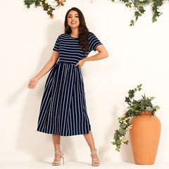 T Shirt Dress O Neck Striped Short Sleeve Dress