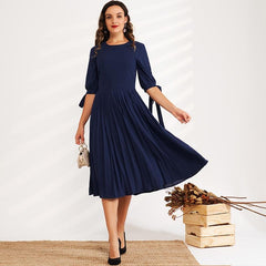 Summer New Fashion WomenDress Waist Solid Color Round Leader Hollow Pearl Bow Decoration Ol Sweet All-match Dress