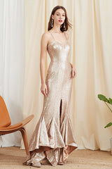 WomenParty Dresses Spaghetti Straps Heavy Sequined Ruffles Split Fashion Prom Long Designer Dresses