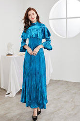 O Neck Long Sleeves Beaded Ruffles Elegant A Line Maxi Party Prom Dress