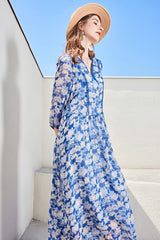 Sexy V Neck 3/4 Sleeves Floral Printed Lace Patchwork Holiday Dresses