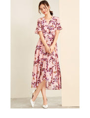 Sexy V Neck Ruffles Short Sleeves Printed Fashion Casual Summer Dresses