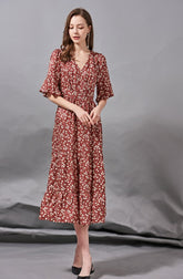V Neck Short Sleeves Ruffles Printed Elegant Summer Dress