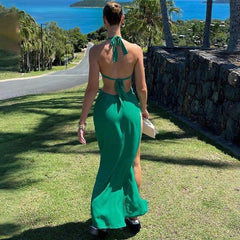 Solid Open Back Halter Split Maxi Dress