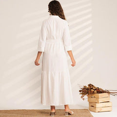 Ladies Fashion Solid Color High Waist Pleated Folds College Style Sweet Long Wild Woman Pure White Dress