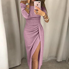 Sexy Slit One Word Collar Shiny Dress