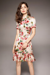 Vintage Stand Collar Short Sleeves Floral Printed Ruffles Elegant Dress Vestidos