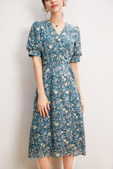 V Neck Short Sleeves Printed Buttons Lace Up Fashion Dress