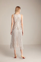 Runway Dresses O Neck Sleeveless Sequined Bodice Tassels Detailing Elegant Fashion Mid Calf Party Prom