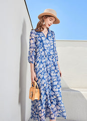 Sexy V Neck 3/4 Sleeves Floral Printed Lace Patchwork Holiday Dresses