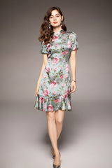 Vintage Stand Collar Short Sleeves Floral Printed Ruffles Elegant Dress Vestidos
