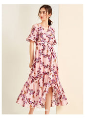 Sexy V Neck Ruffles Short Sleeves Printed Fashion Casual Summer Dresses