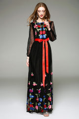 Long Lantern Sleeves Floral Embroidery Sash Belt Elegant Maxi Dress
