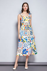 Summer Dress WomenBow Spaghetti Strap Gorgeous Floral Print Midi Cotton Dress