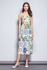 Summer Dress WomenBow Spaghetti Strap Gorgeous Floral Print Midi Cotton Dress