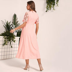 New Lace Dress Sweet Pink Guipure Lace Insert Hollow Out O Neck Fit Flare Midi Dresses Party Dress Summer